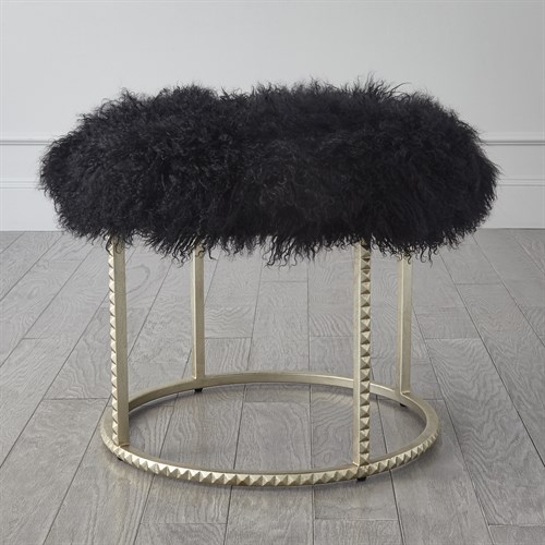 Stud Pouf-Silver Leaf-Black Fur