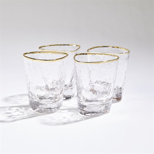 S/4 Hammered Water Glasses-Clear W/Gold Rim