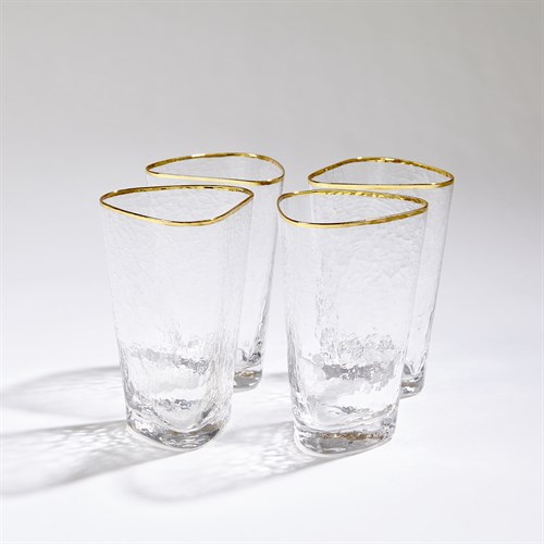 S/4 Hammered High Ball Glasses-Clear W/Gold Rim