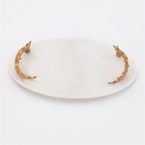 White Marble Platter with Reindeer Antler Handles-Gold