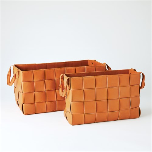 Soft Woven Rectangular Leather Basket-Orange