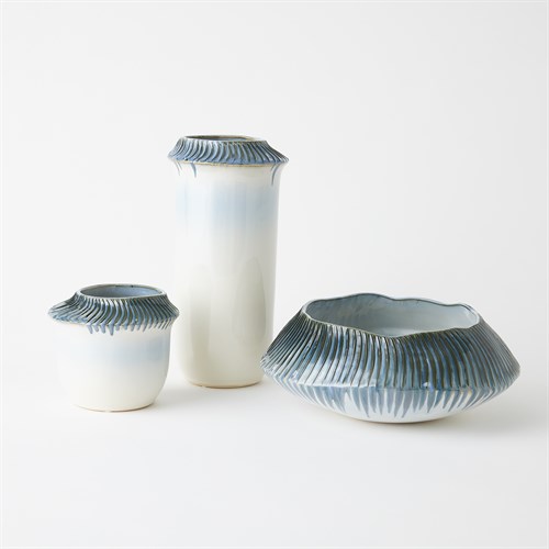 Etched Rimed Vases and Bowl-Blue Etched Rimed Vases and Bowl-Blue